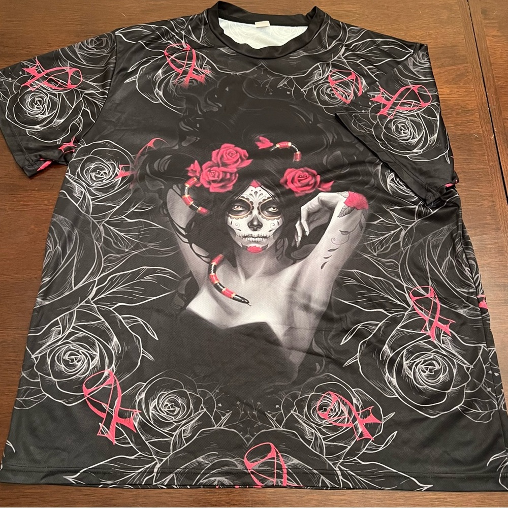 Breast Cancer Awareness Day Of The Dead Graphic Short Sleeve Shirt - Picture 3 of 5